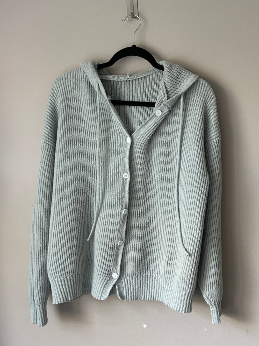Button-Front Ribbed Hooded Sweater in Light Sage